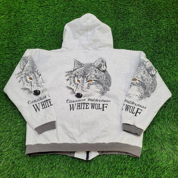 Vintage Wolf AOP Zip Hoodie Jacket Large 24x22 Baggy Gray - Picture 1 of 15